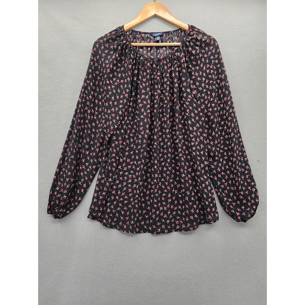 Chaps‎ Womens Black Floral Pleated Peasant Blouse Long Sleeve Split Neck Top M